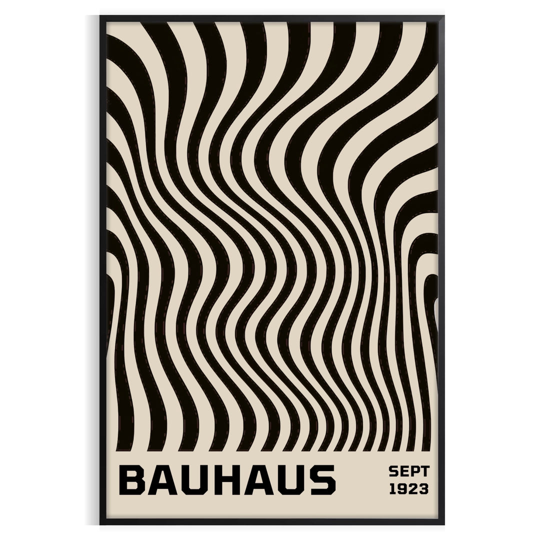 Minimalist Bauhaus poster featuring geometric black lines on a gray background