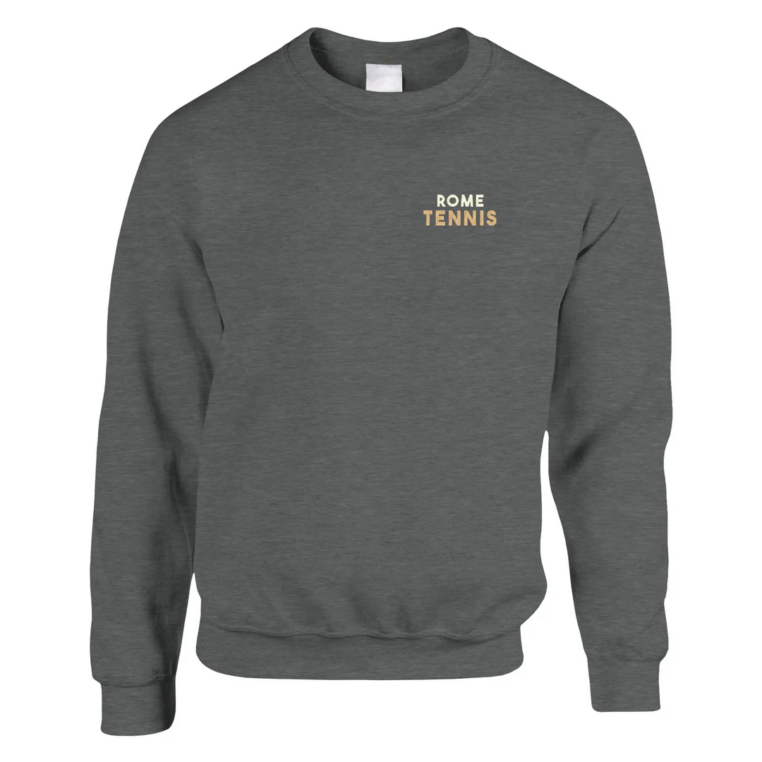 Unisex sweater featuring an embroidered design of tennis elements and 'Rome' text