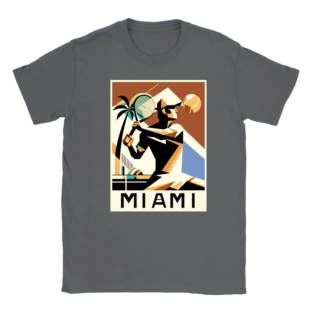 T-shirt featuring a graphic of tennis rackets and a Miami skyline