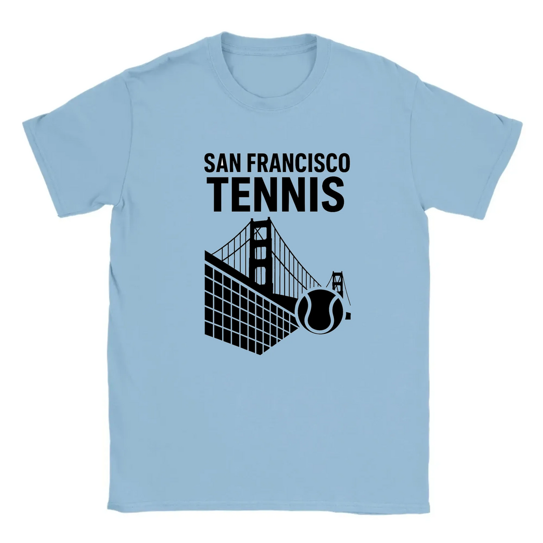 T-shirt featuring a graphic of San Francisco's iconic skyline with tennis elements