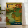 Japanese stamp-style illustration of a serene autumn river scene