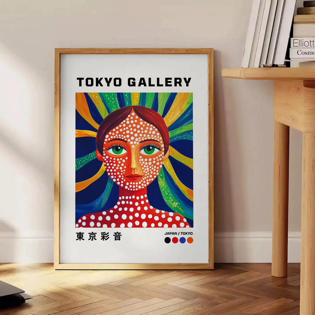 Stylized female figure by Yayoi Kusama in red and blue patterns