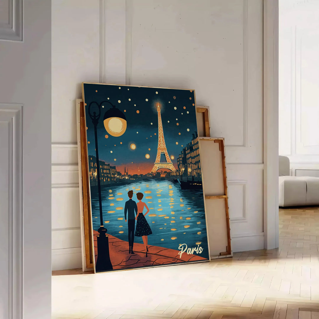 Nighttime view of Paris skyline with illuminated buildings and dark sky