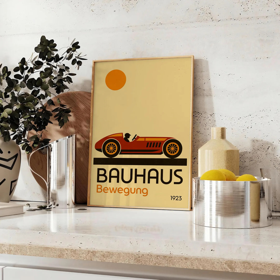 Geometric Bauhaus car design in red, brown, and green colors