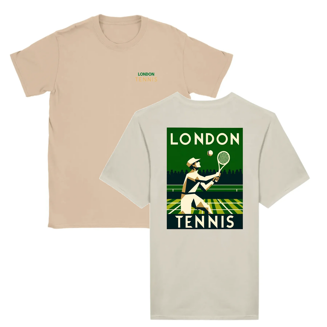 T-shirt featuring a graphic of tennis rackets and a ball in a dynamic design