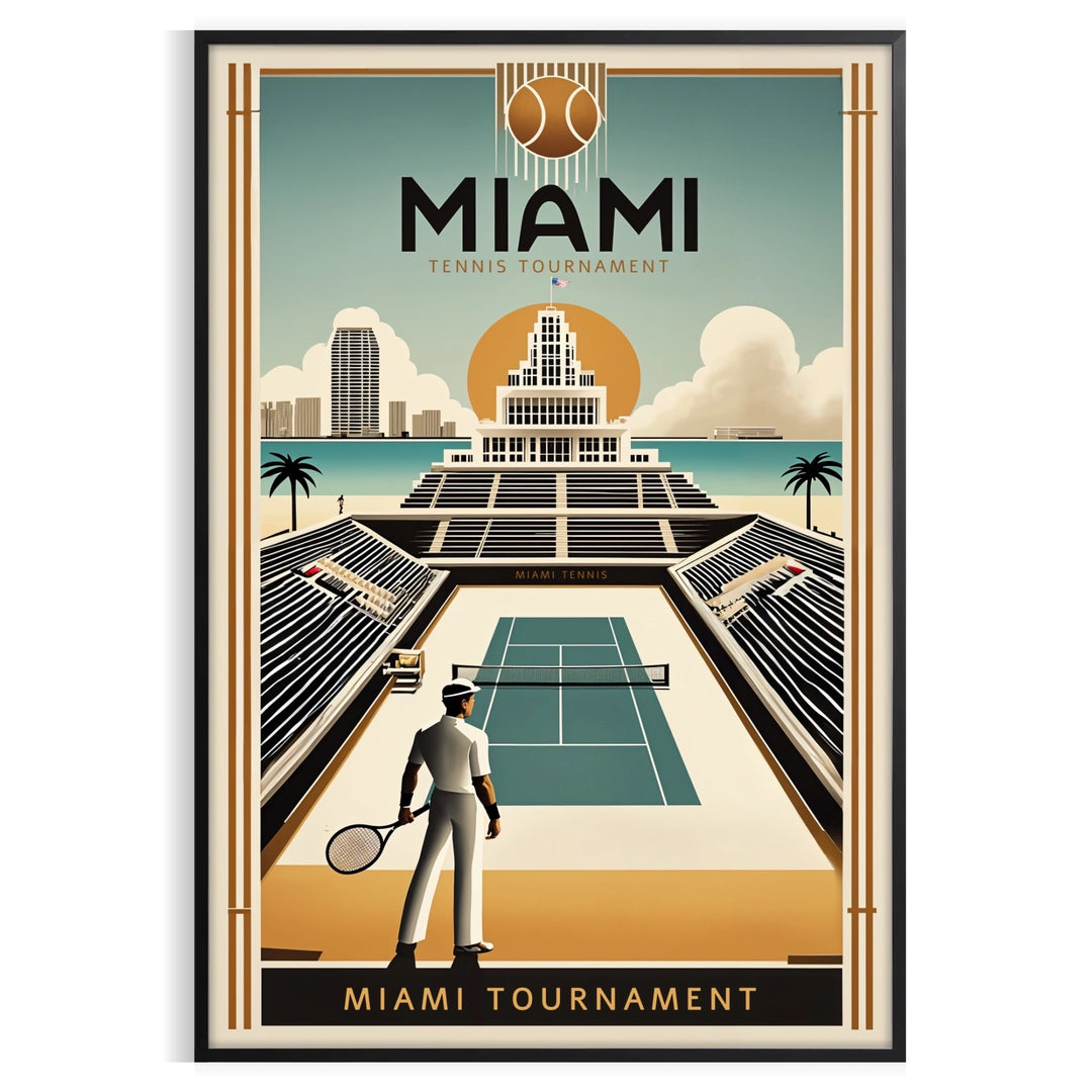 Graphic poster featuring tennis players in action against a green background