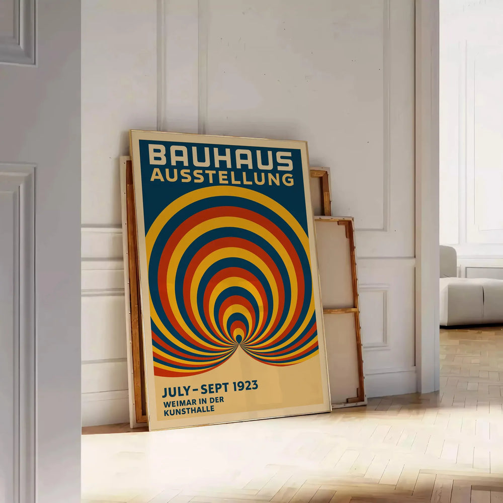 Poster showing a Bauhaus circular abstract design in blue and red