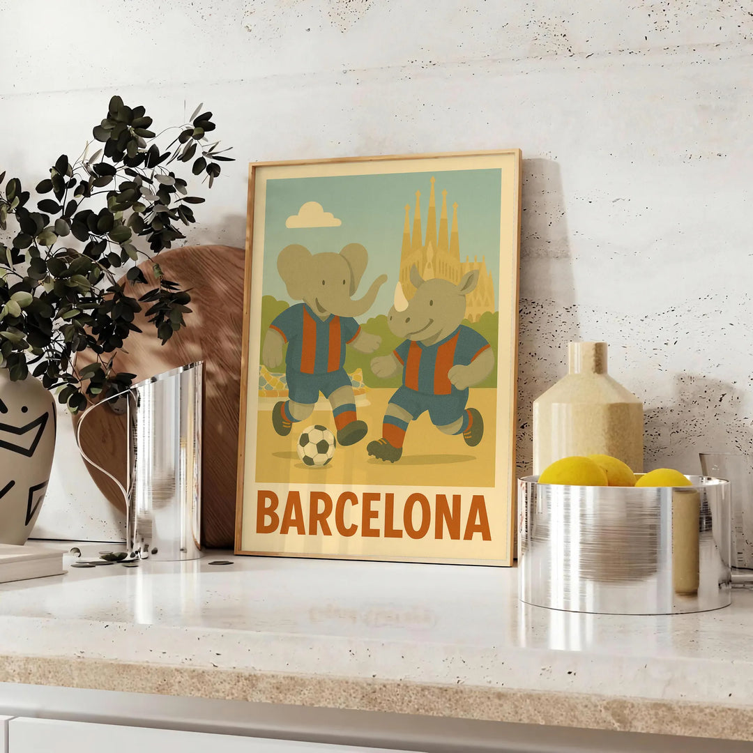 Playful elephant and rhino in Barcelona football theme, gray and green colors