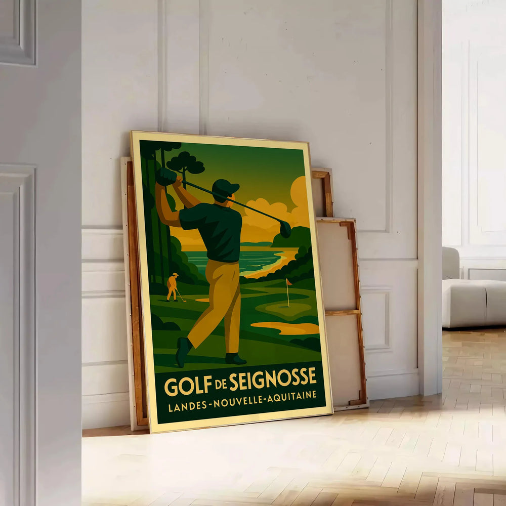 Seignosse golf poster in vintage art‑deco style, yellow and gray