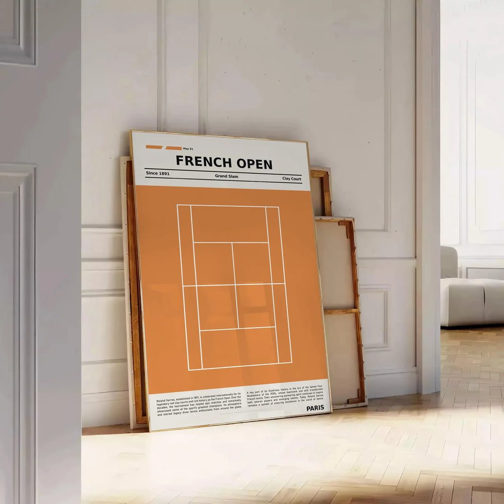 Minimalist black and white illustration of tennis at Roland Garros
