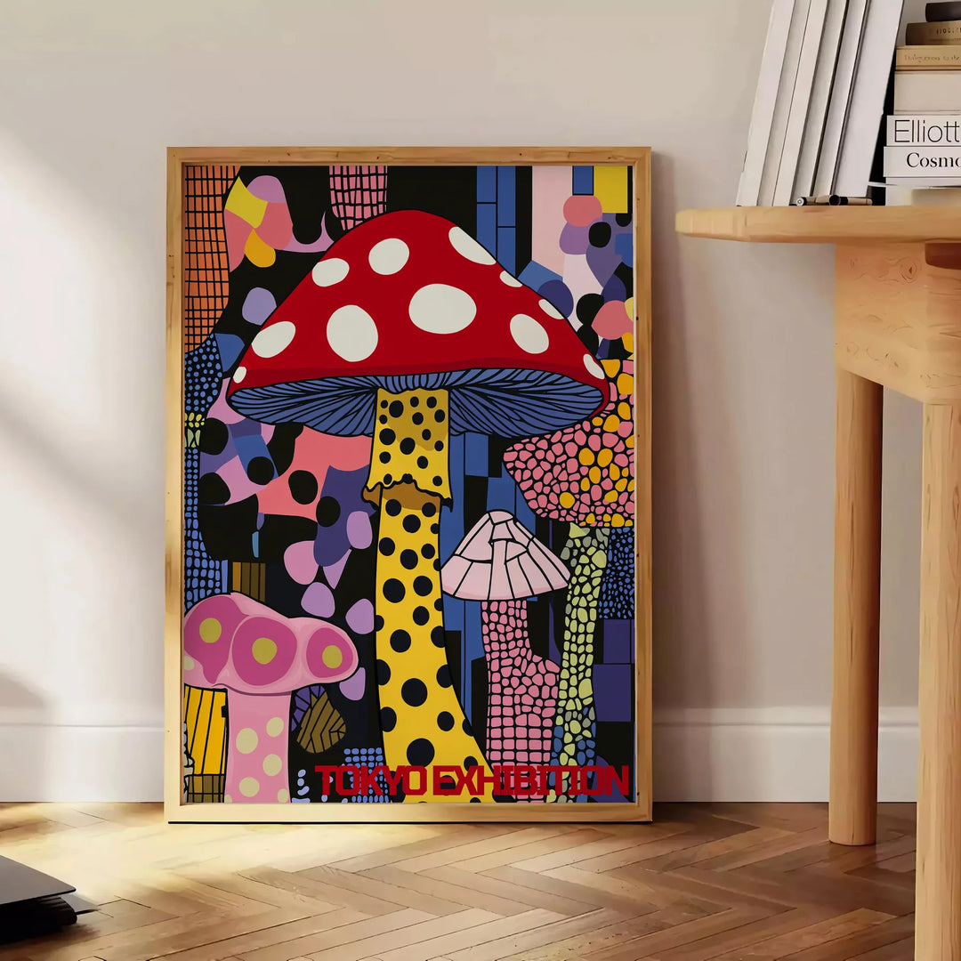 Colorful mushroom with polka dots by Yayoi Kusama, featuring green and black hues