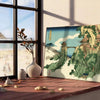 Woodblock-style landscape featuring a bridge shrouded in clouds