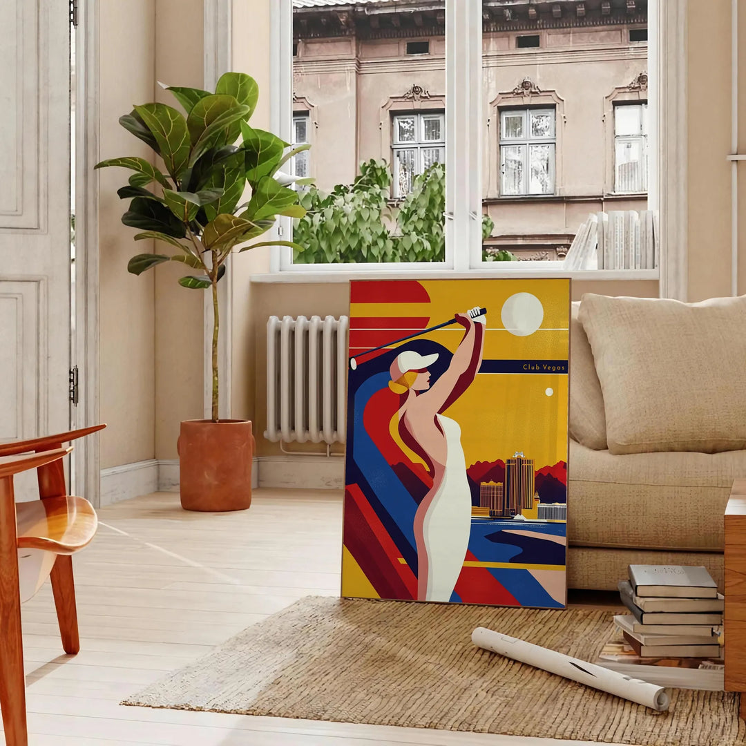 vintage Art Deco golf scene with orange and blue tones in Las Vegas