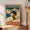 Vintage ski scene featuring Mont Blanc in white, brown, and red hues