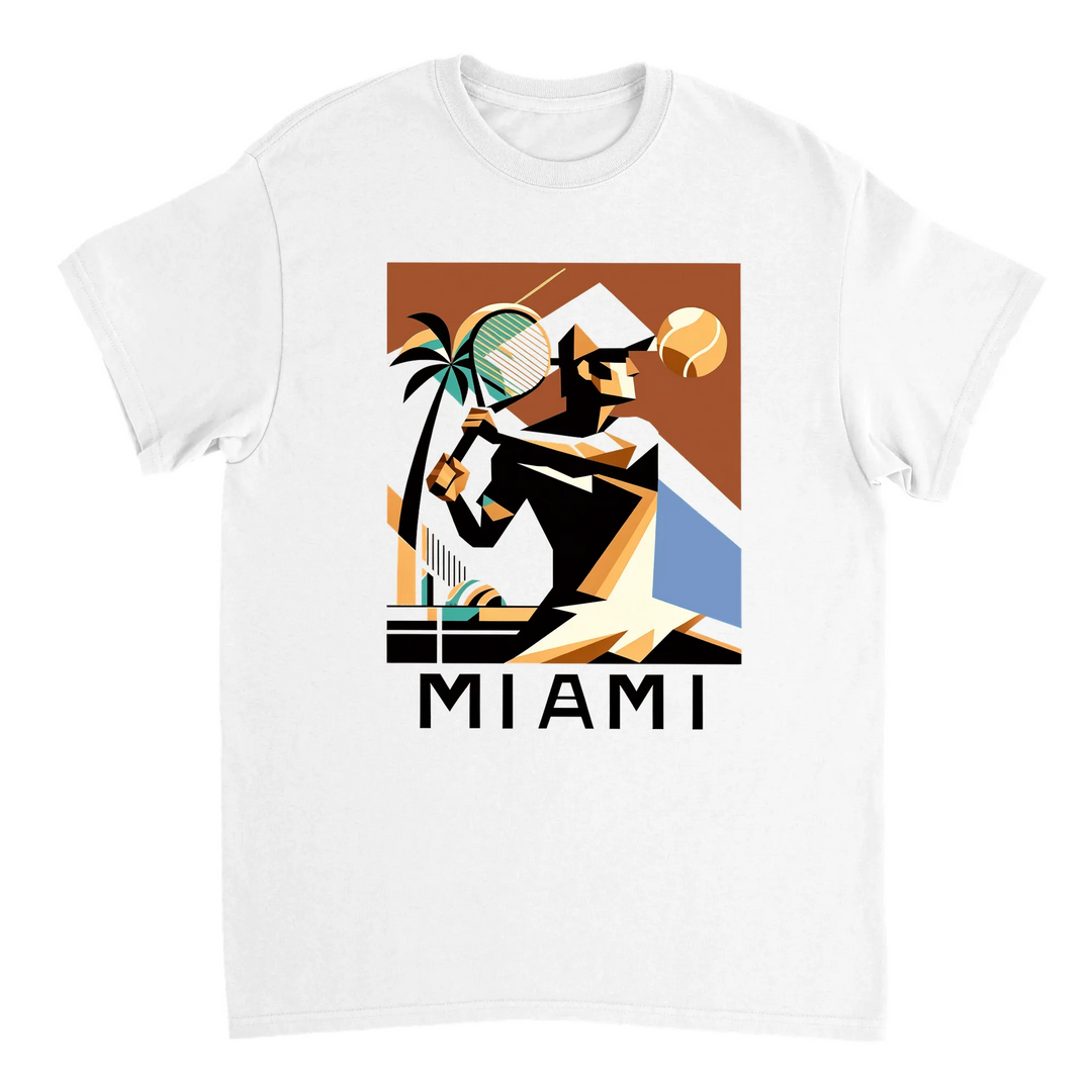 T-shirt featuring a tennis player in action against a Miami skyline