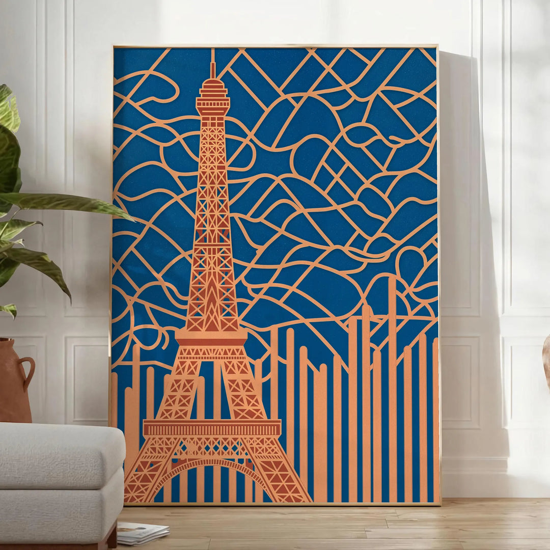 Art Deco Paris poster with stylized cityscape in orange and gray