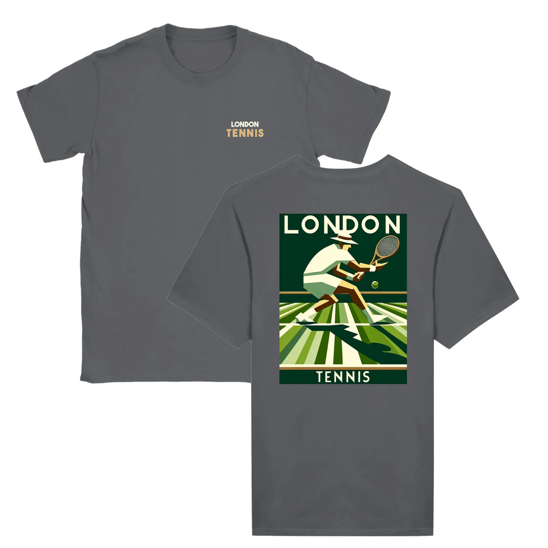 T-shirt featuring a graphic of a tennis player in action, with London landmarks in the background