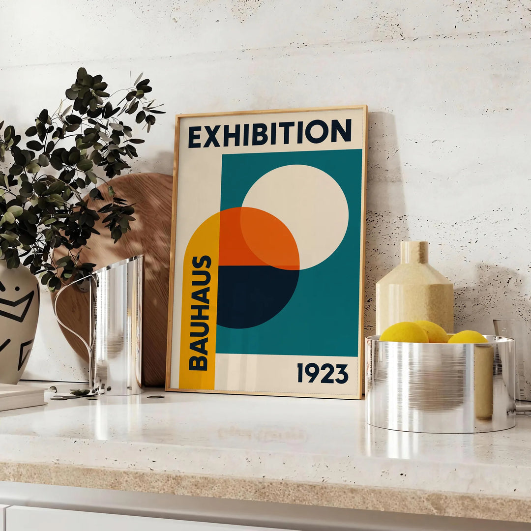 Bauhaus exhibition poster featuring geometric abstract design in blue and green