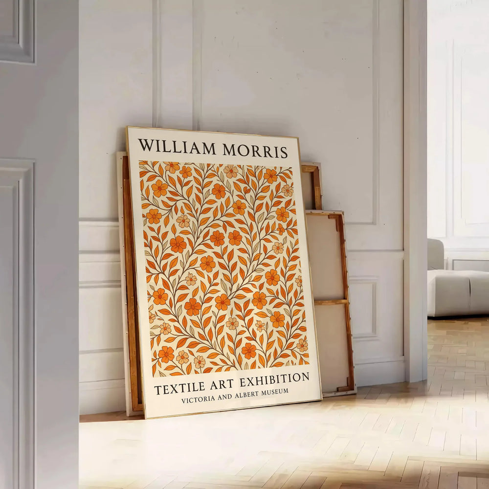 Intricate floral pattern in orange and brown by William Morris