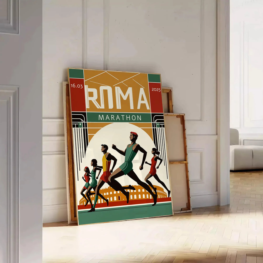 Poster featuring bold graphic Rome marathon design in white and red.