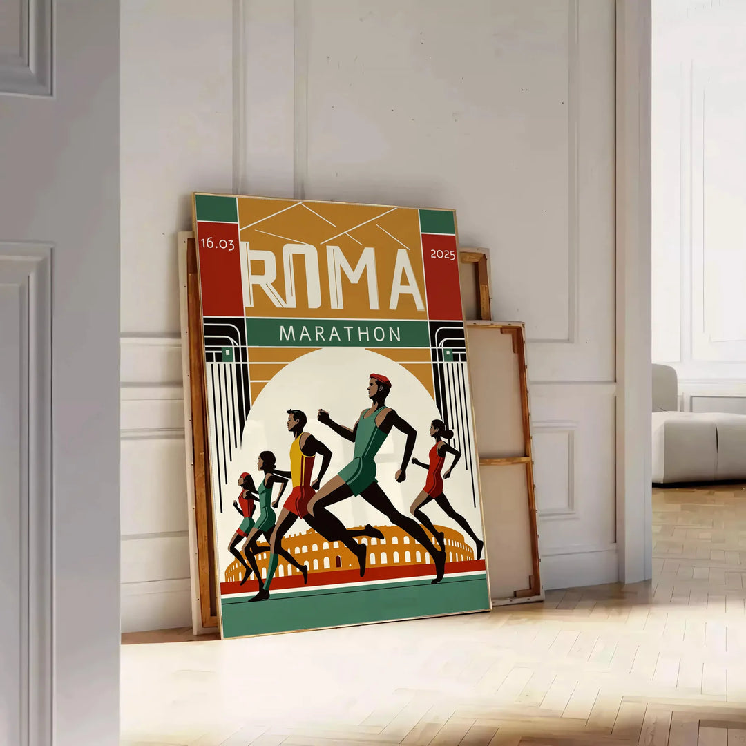 Poster featuring bold graphic Rome marathon design in white and red.