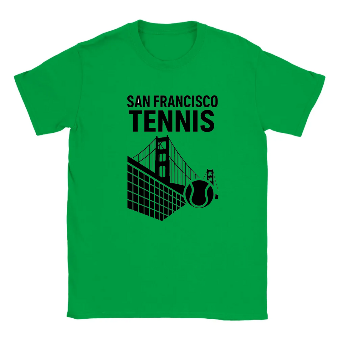 T-shirt featuring a graphic of San Francisco's iconic skyline with tennis elements