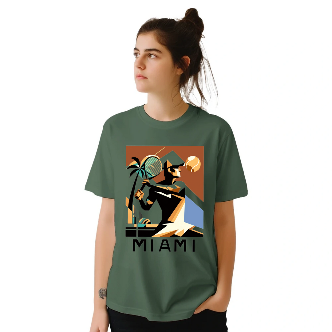 T-shirt featuring a tennis player in action against a Miami skyline