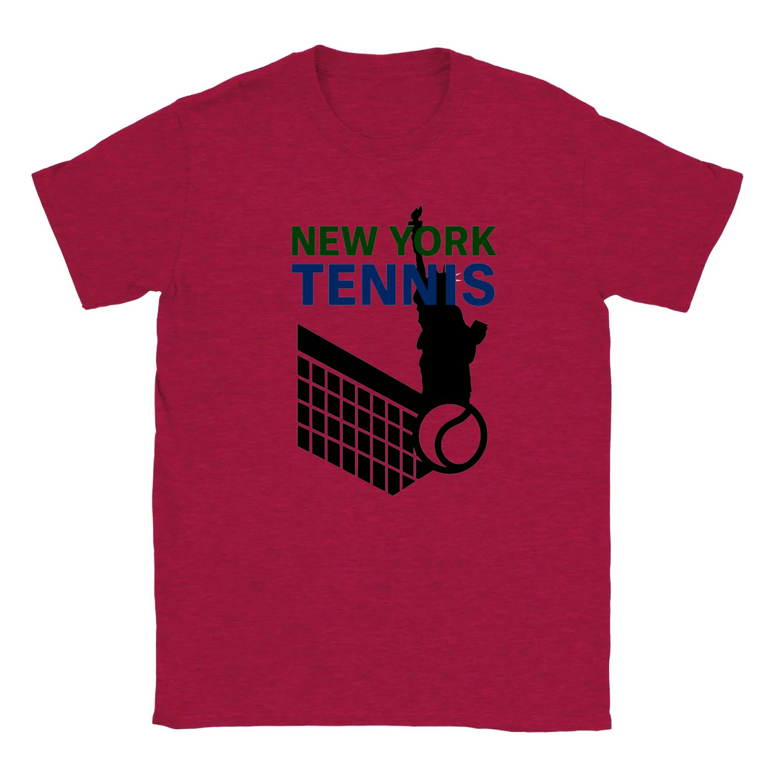 T-shirt featuring a graphic of tennis rackets and a ball with New York text