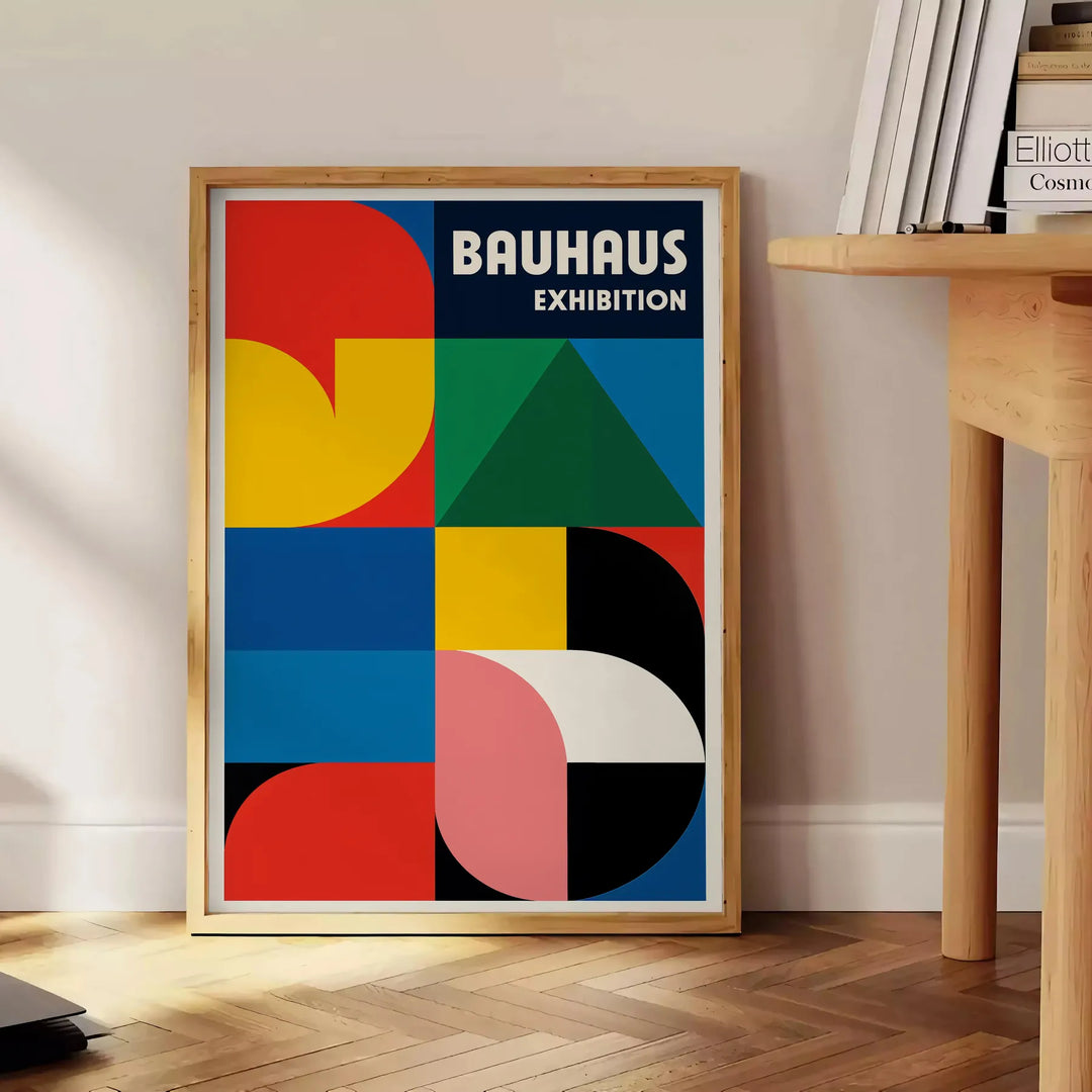 Bauhaus poster featuring blue and red geometric shapes in minimalist style