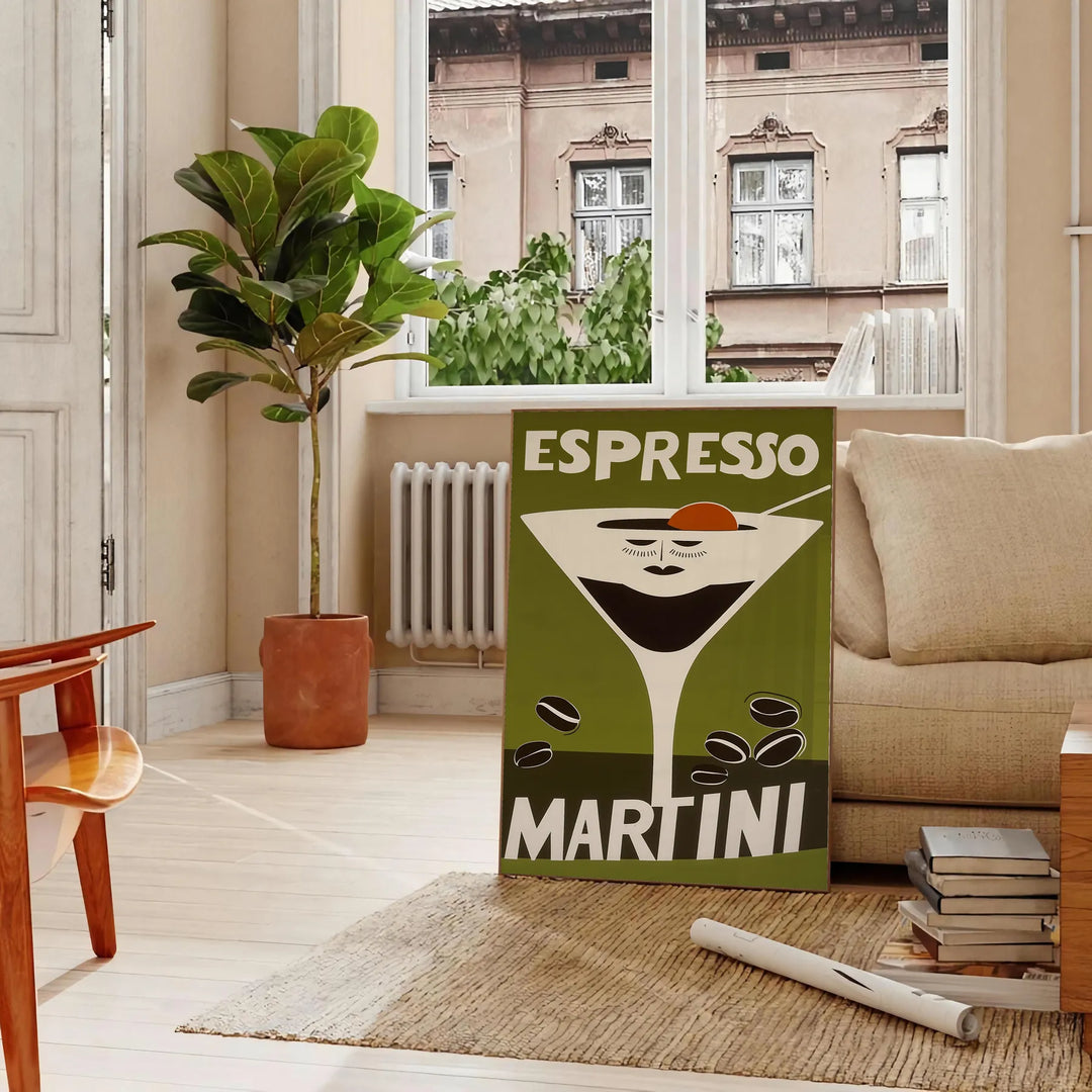 Illustrazione di un cocktail Espresso Martini in colori arancione e verde