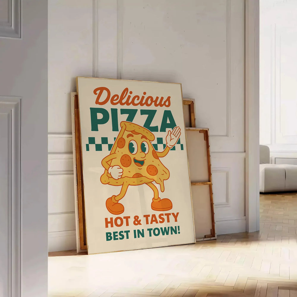 Blue and orange vintage pizza kitchen poster with colorful retro illustration