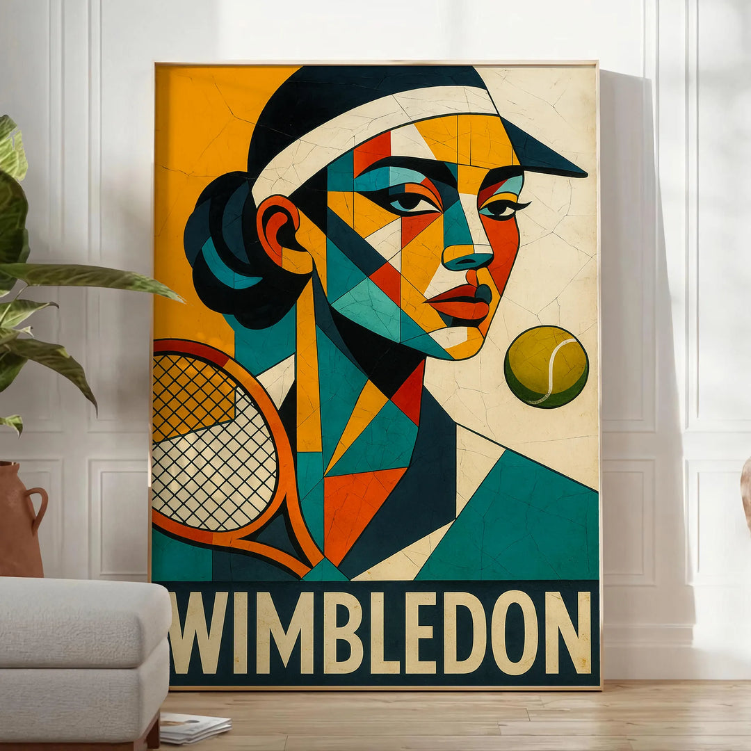 Wimbledon kubisma plakāts ar tenisa motīvu sarkanā un zaļā krāsā