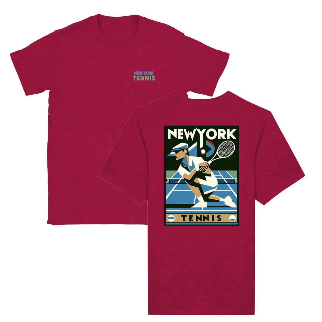 T-shirt featuring a graphic of a tennis player in action against a New York skyline