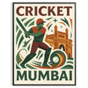 Gray and white poster of stylized cricket player, minimalist Mumbai design