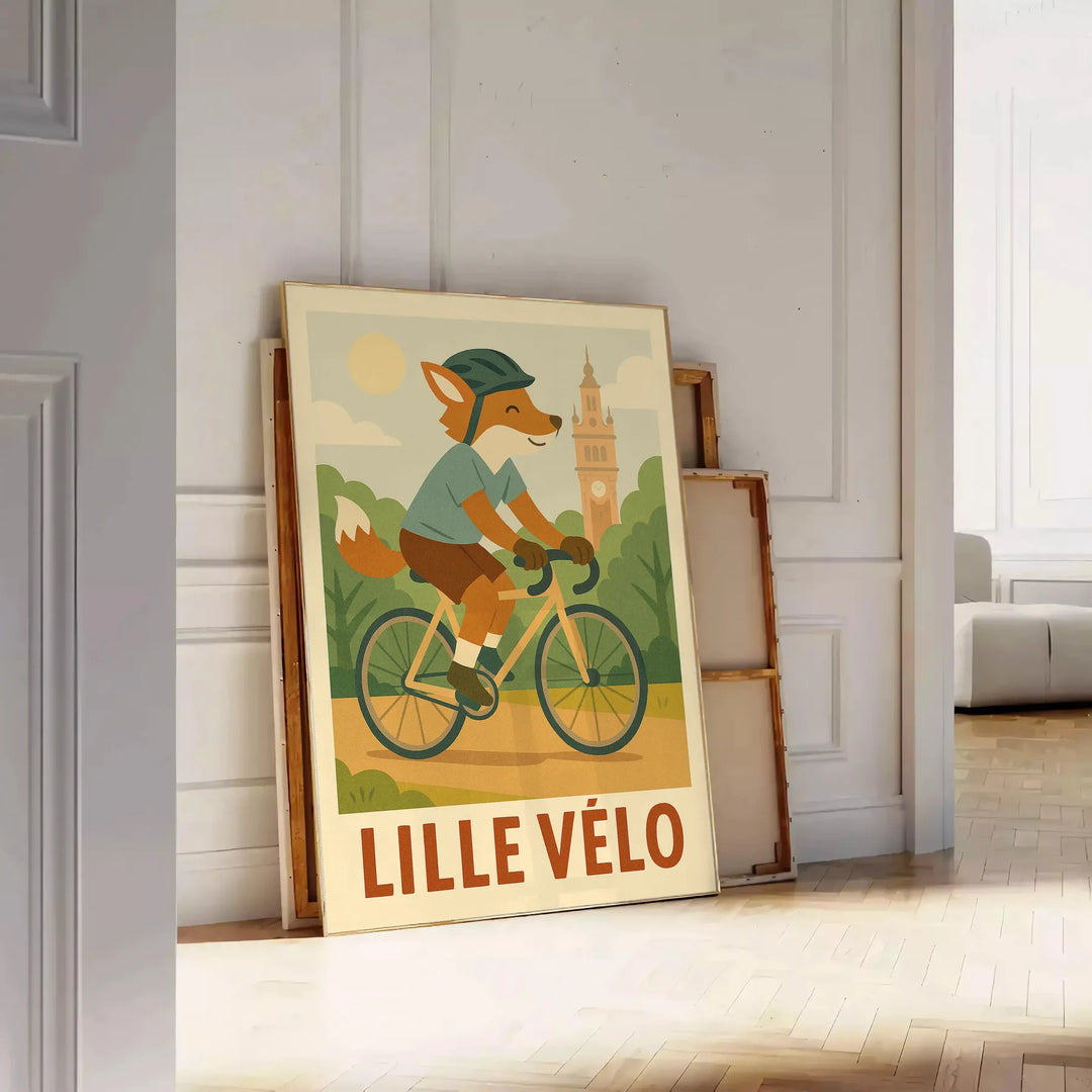Playful orange fox riding a bicycle against a green background