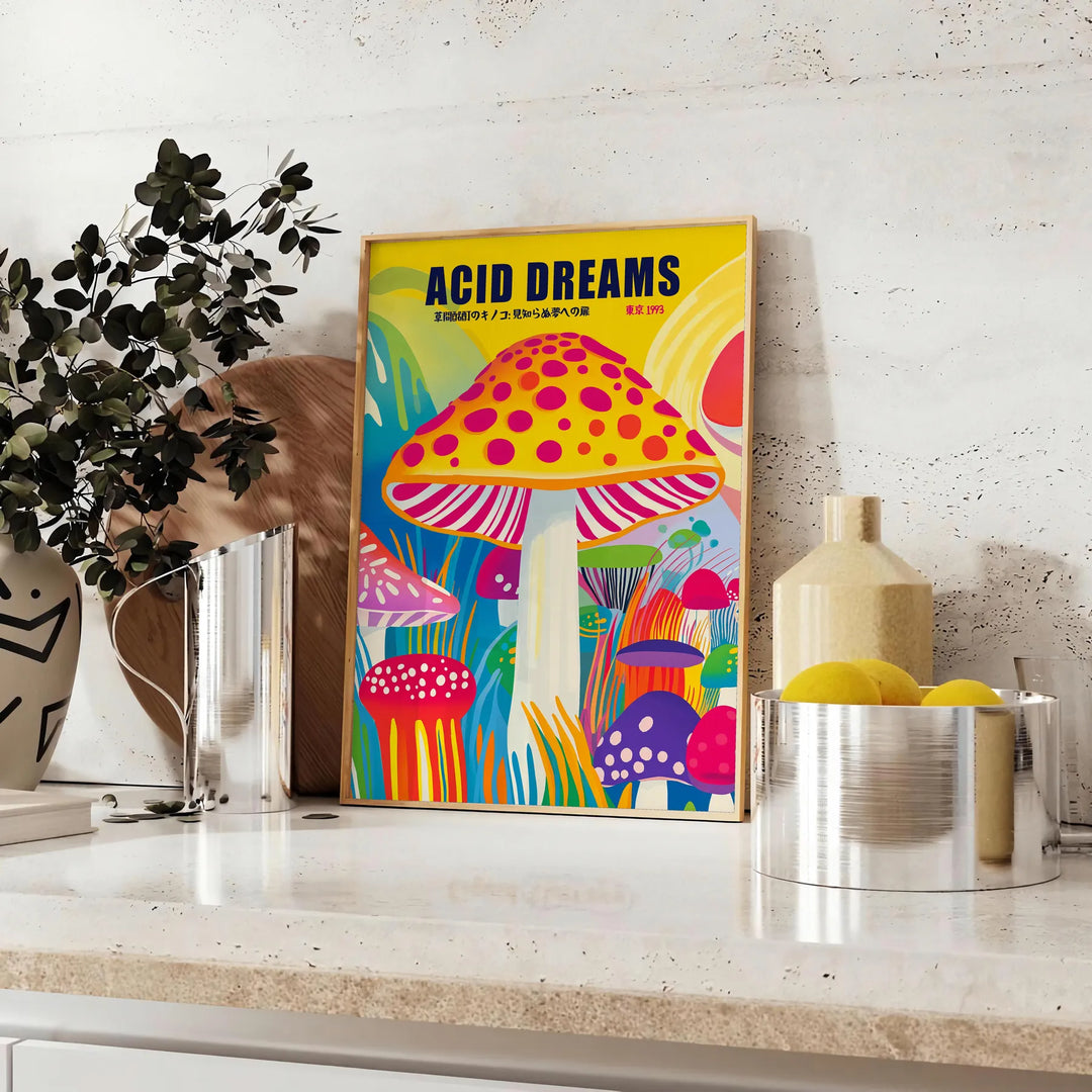 Blue and red mushroom illustration in Japanese-style poster, contemporary print