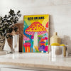 Blue and red mushroom illustration in Japanese-style poster, contemporary print