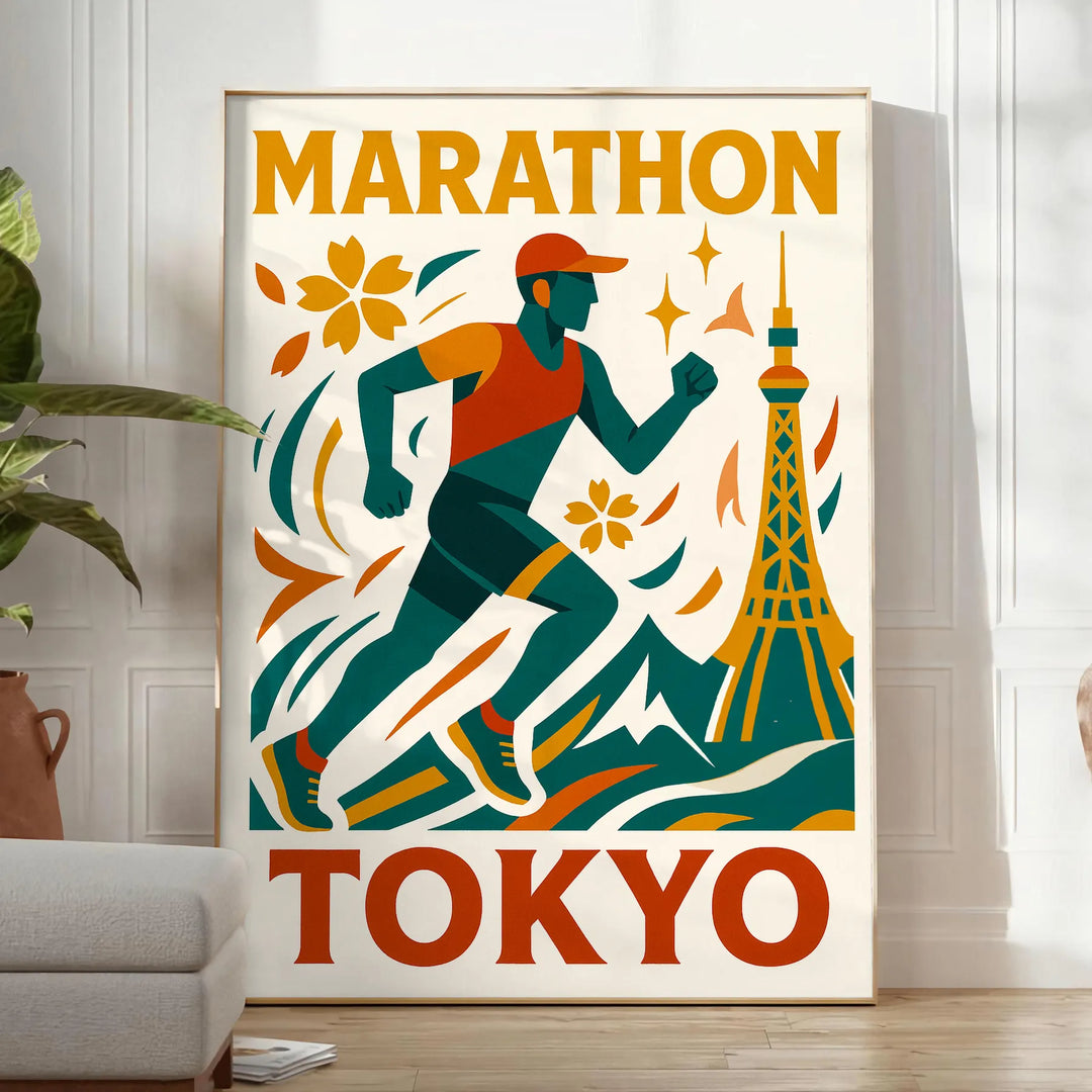 Gray and blue Tokyo marathon poster, minimalist running silhouette design