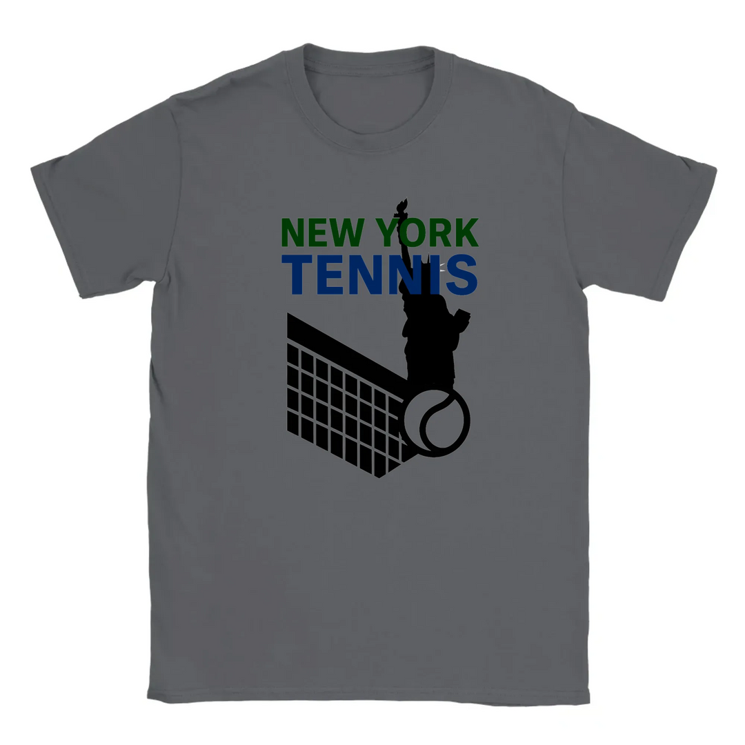 T-shirt featuring a graphic of tennis rackets and a ball with New York text