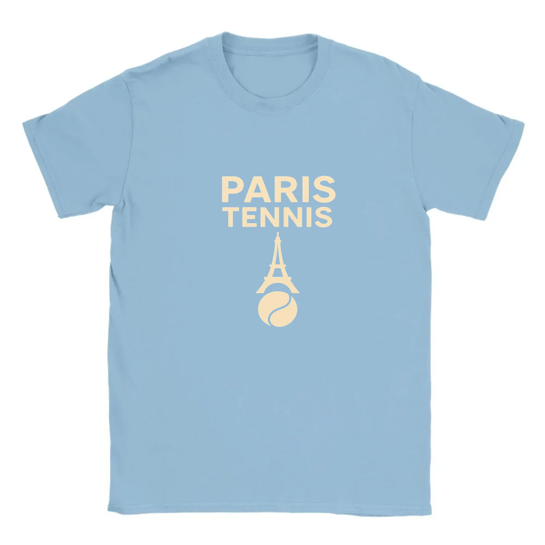 T-shirt featuring a minimalist design of the Eiffel Tower and a tennis racket