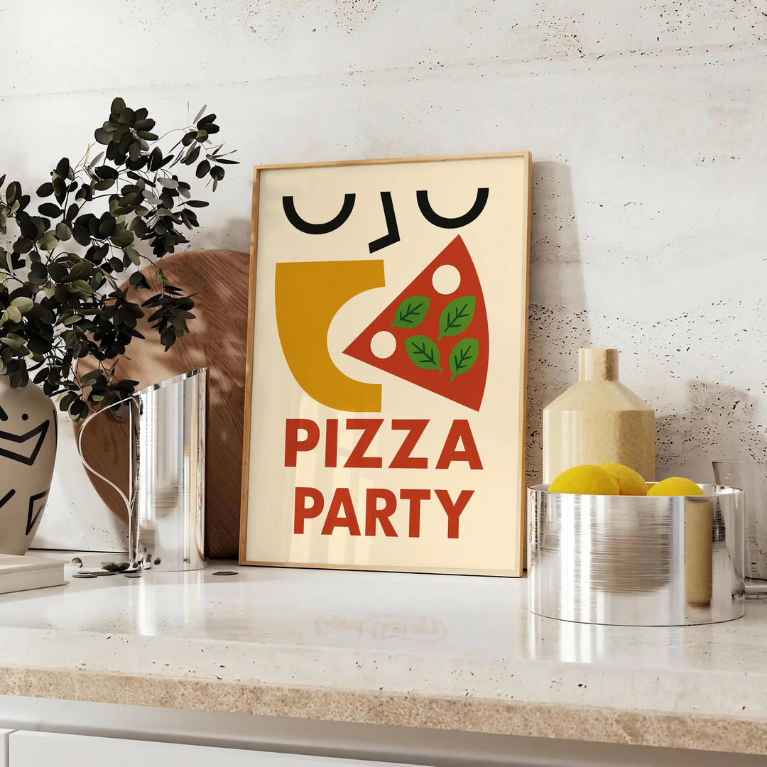 Kitchen pizza party poster, playful illustration with green and red accents