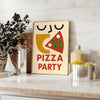 Kitchen pizza party poster, playful illustration with green and red accents