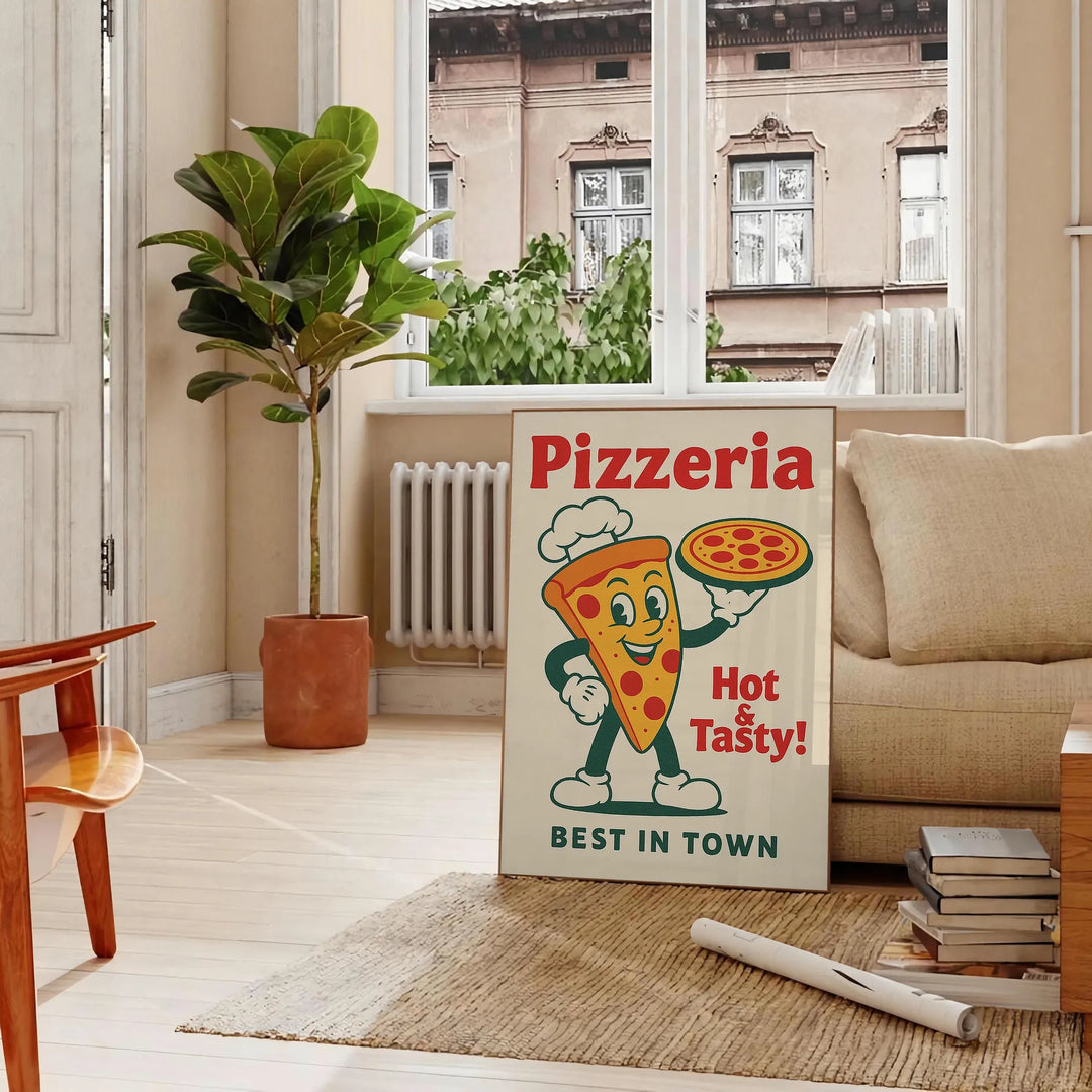 Pôster de cozinha de pizzaria ilustrado, estilo retro, tons verdes e vermelhos