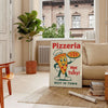 Pôster de cozinha de pizzaria ilustrado, estilo retro, tons verdes e vermelhos