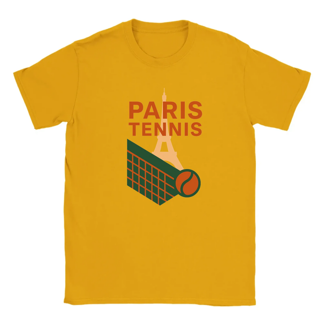 T-shirt featuring a graphic of the Eiffel Tower and a tennis racquet