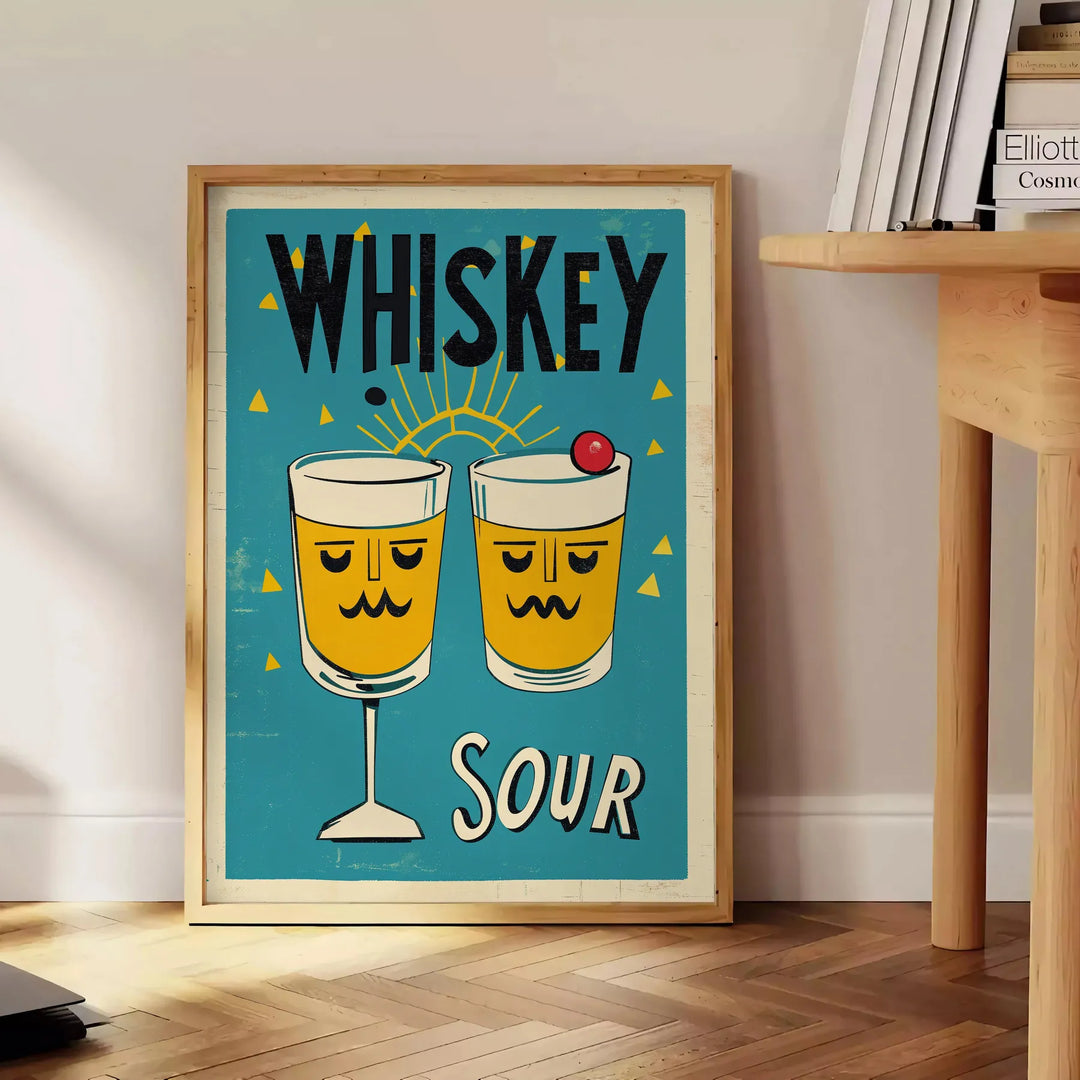 Illustration of a Whisky Sour cocktail with brown and green hues