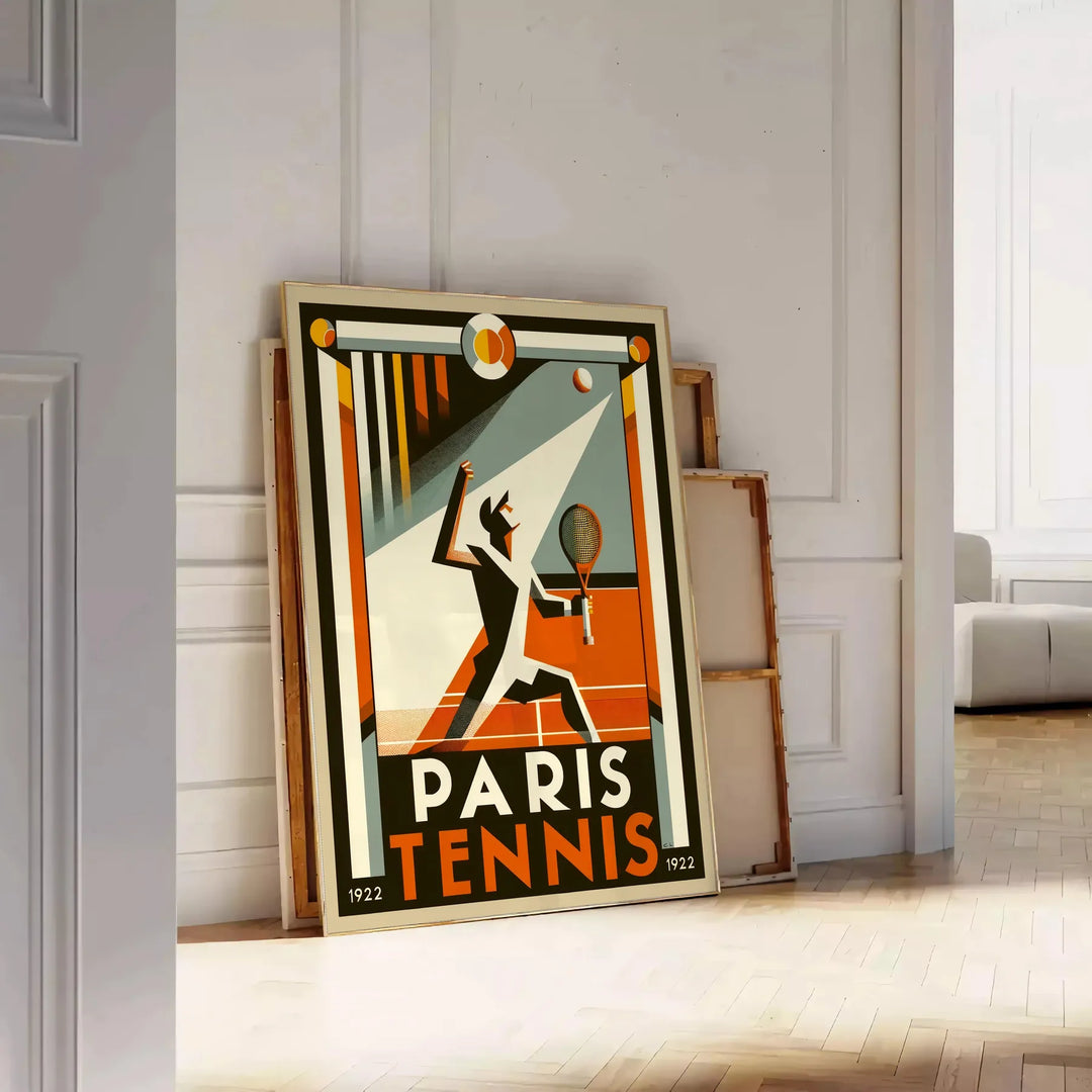 Art Deco style poster featuring tennis players at the 1924 Paris Olympics - leaning on a herringbone floor against a white panelled wall