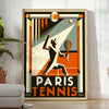 Art Deco style poster featuring tennis players at the 1924 Paris Olympics - in a bright minimalist room with a plant and an armchair