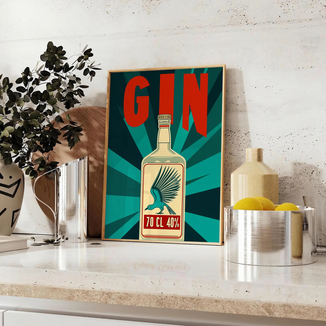 Stylized gin cocktail poster with orange and blue retro illustration