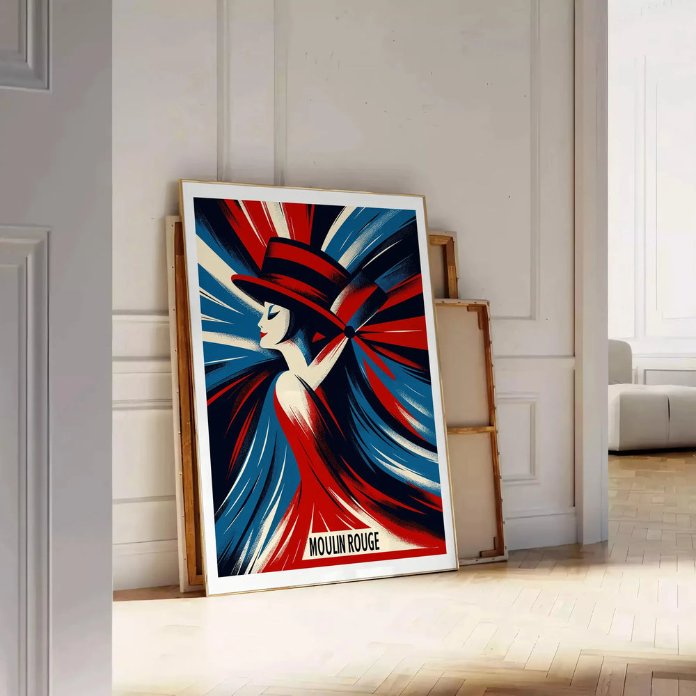 Vintage poster featuring a dancing woman in red and blue at Moulin Rouge, Paris